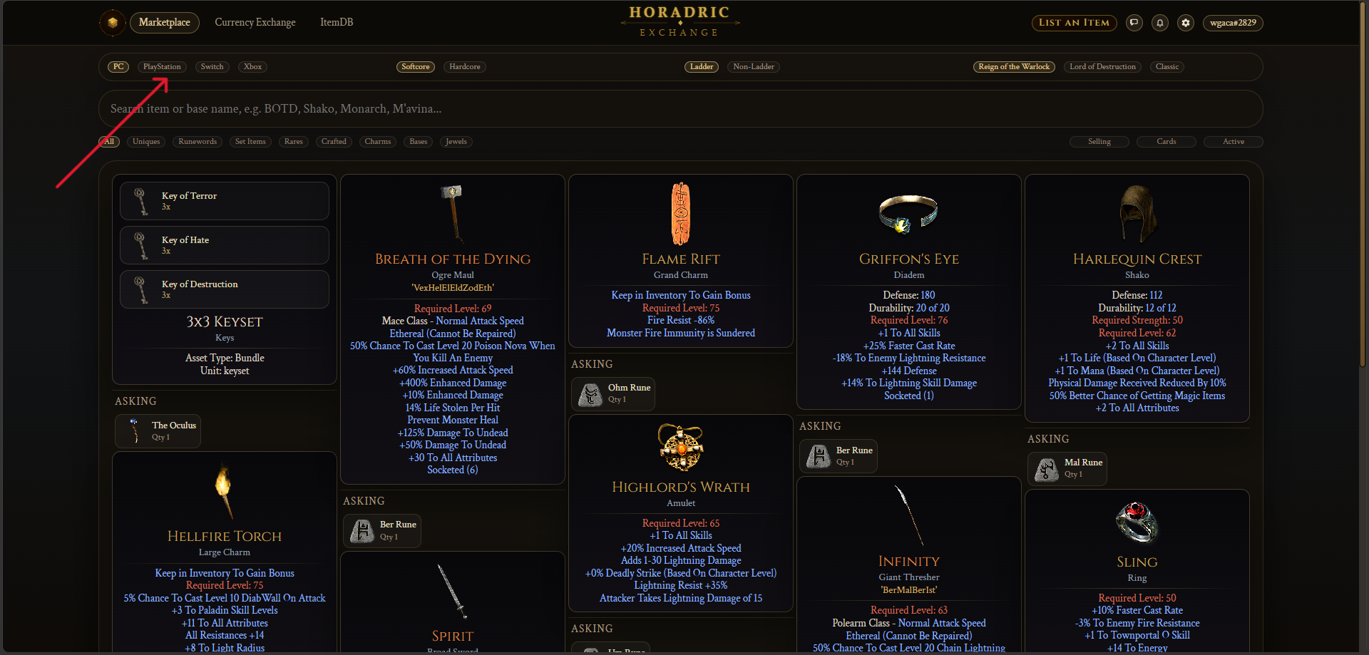 Marketplace page showing the league and season selector