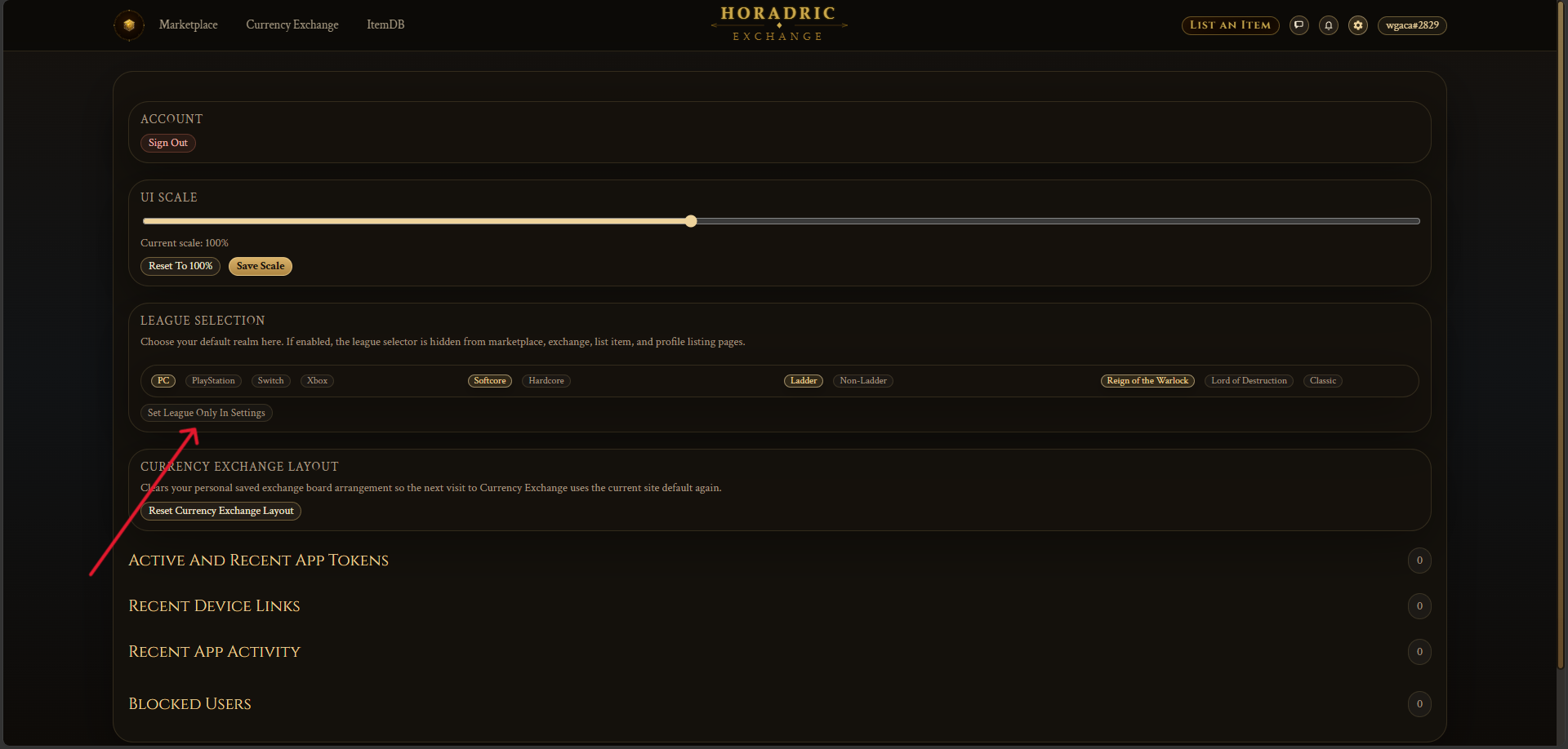 Settings page showing Set League Only In Settings option