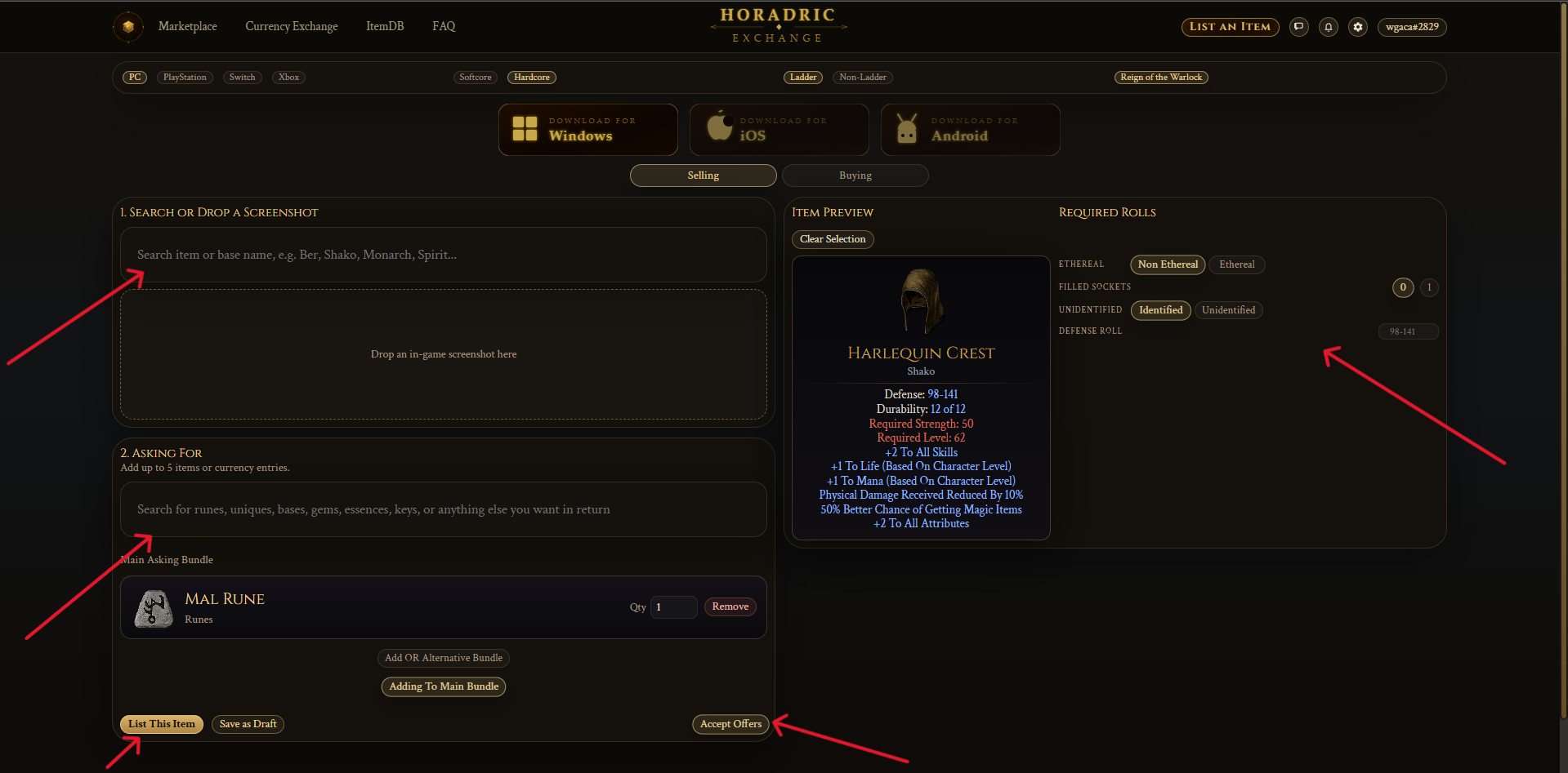 Manual List an Item page with search, required rolls, asking price, and list controls highlighted
