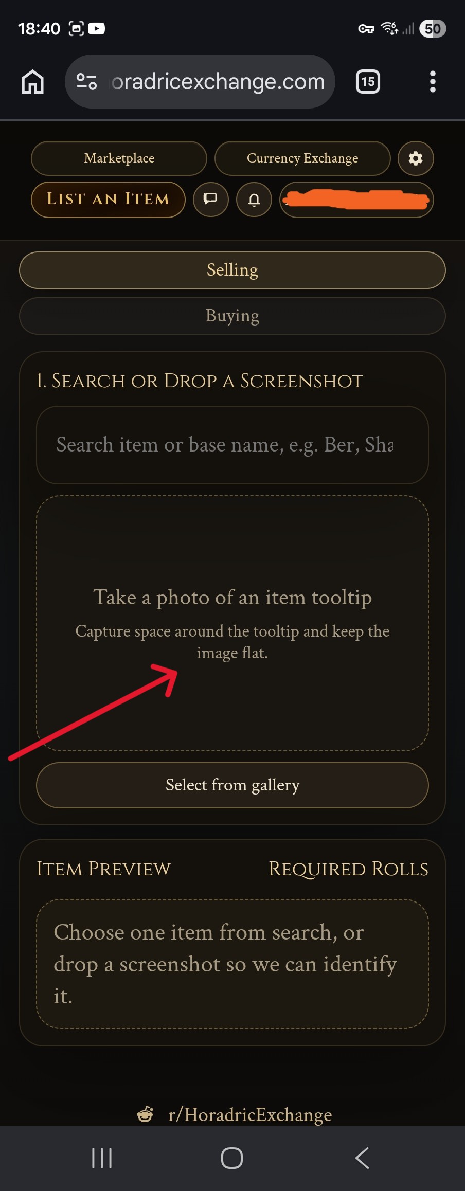 Mobile List an Item page showing the take a photo box